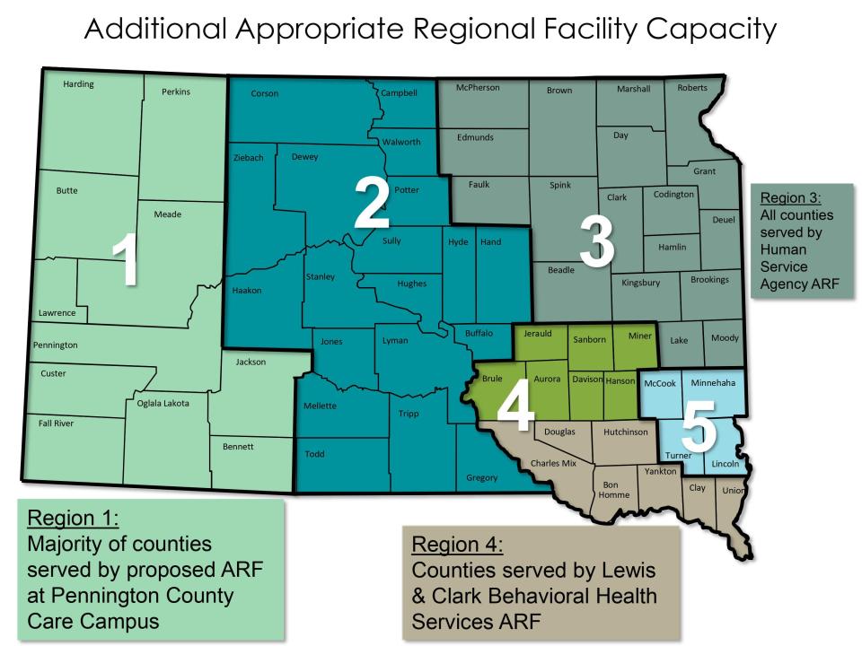 A map by South Dakota Department of Social Services displays five identified "Behavioral Health" regions in South Dakota for potential construction of new "appropriate regional health facilities" to address a gap in crisis intervention response.