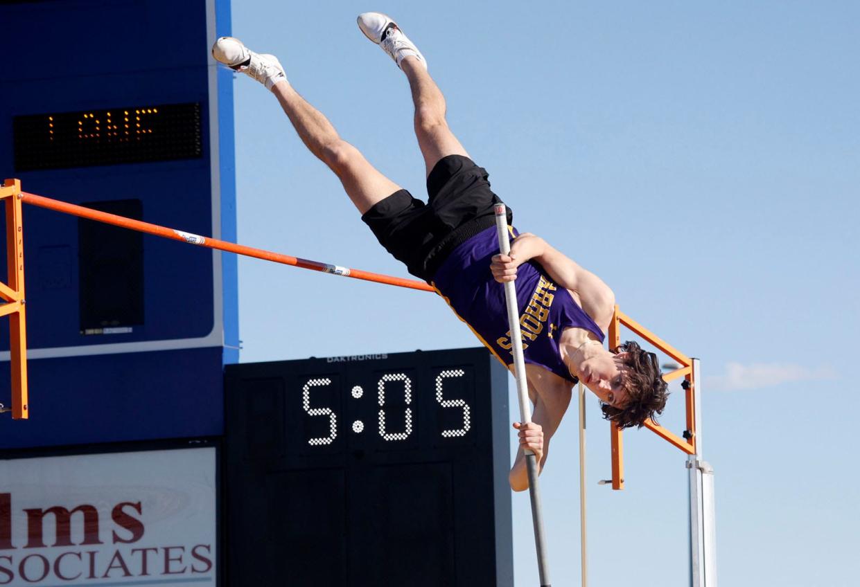 Watertown’s Tommy Foley goes over the bar in the boys pole vault during a high school track and field dual with Aberdeen Central on Monday, April 22, 2024 at the Brownell Activities Complex in Aberdeen.