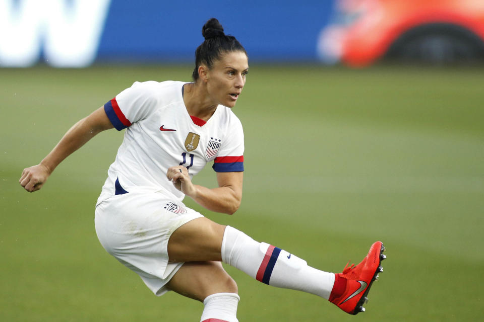 LOS ANGELES, CALIFORNIA - APRIL 07:  Ali Krieger #11 of United States Women's National Team kicks the ball during a game against the Belgian Women's National Team at Banc of California Stadium on April 07, 2019 in Los Angeles, California. (Photo by Katharine Lotze/Getty Images)