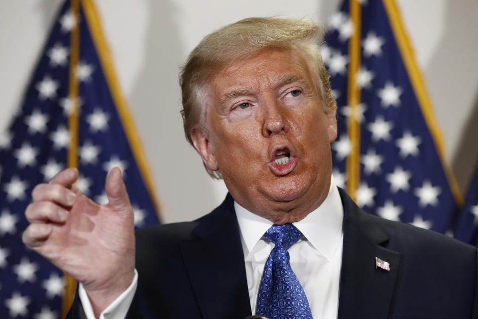 President Donald Trump speaks with reporters after meeting with Senate Republicans at their weekly luncheon on Capitol Hill in Washington, Tuesday, May 19, 2020. (AP Photo/Patrick Semansky)