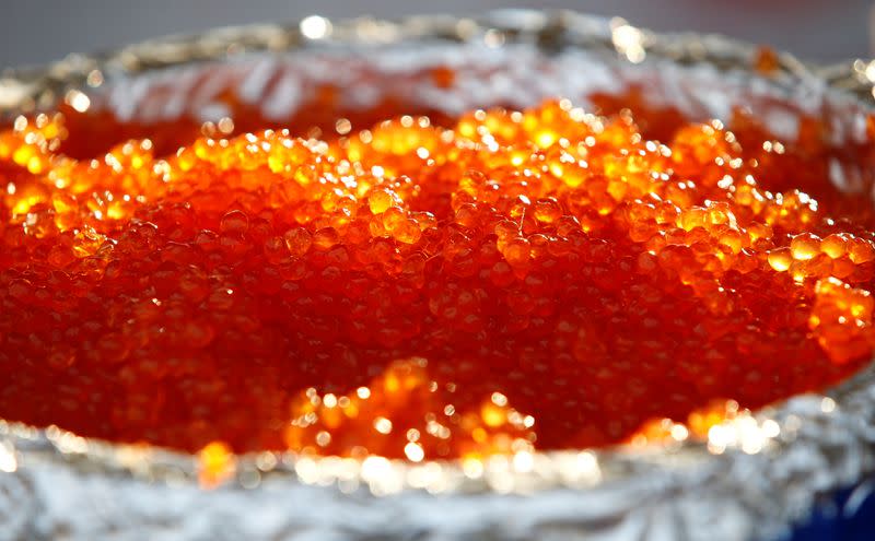 The red caviar is on display at the food court during the Eastern Economic Forum in Vladivostok