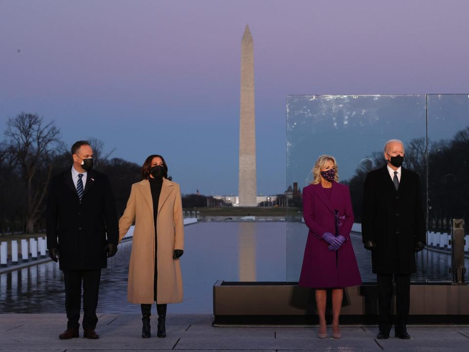 Doug Emhoff, Kamala Harris, Jill Biden, and Joe Biden pose in front of the Lincoln Memorial on the eve of the 2021 Presidential Inauguration.