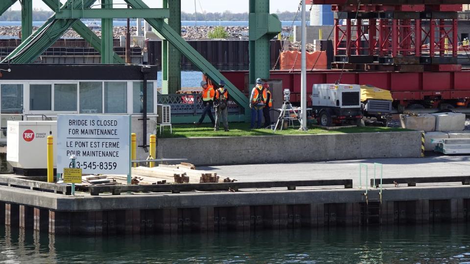 Work crews could be seen around the LaSalle Causeway on May 9, 2024. The bridge has been closed since the end of March after part of it was damaged.