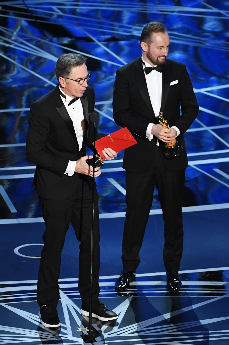 Sound re-recording mixer Kevin O'Connell and sound engineer Andy Wright accept Best Sound Mixing for "Hacksaw Ridge" onstage during the 89th Annual Academy Awards at Hollywood &amp; Highland Center on Feb. 26, 2017 in Hollywood, California.&nbsp;