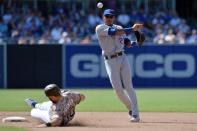 Jul 15, 2018; San Diego, CA, USA; Chicago Cubs shortstop Addison Russell (27) throws to first after forcing out San Diego Padres first baseman Eric Hosmer (30) to retire third baseman Christian Villanueva (not pictured) in the seventh inning at Petco Park. Mandatory Credit: Jake Roth-USA TODAY Sports