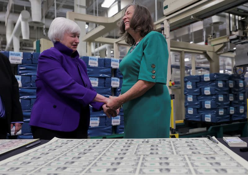 U.S. Treasury Secretary Yellen presides over the unveiling of the first U.S. banknotes printed with two women's signatures, in Fort Worth