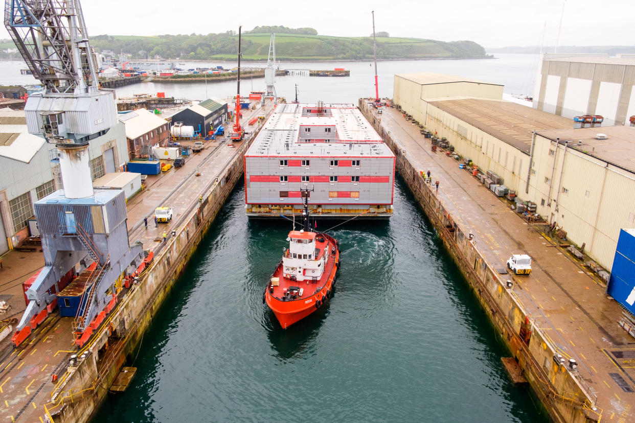 The Bibby Stockholm, which will be used to house 500 asylum seekers, has arrived in the UK.