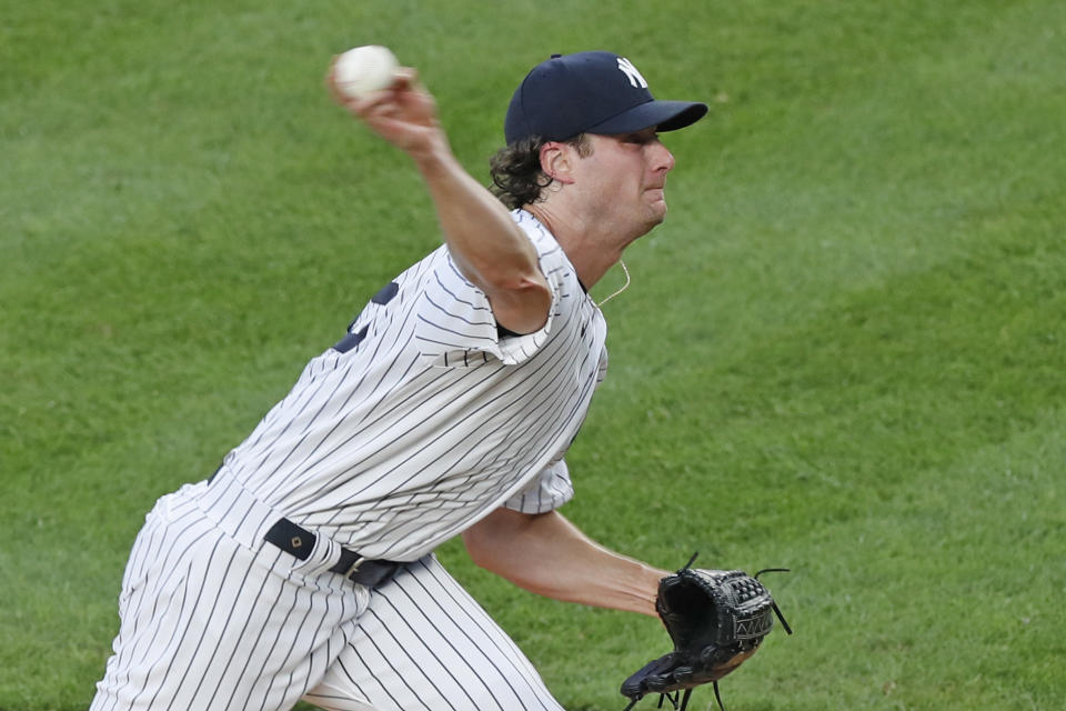 New York Yankees starting pitcher Gerrit Cole delivers during the first inning of a baseball game against the Philadelphia Phillies, Monday, Aug. 3, 2020, at Yankee Stadium in New York. (AP Photo/Kathy Willens)