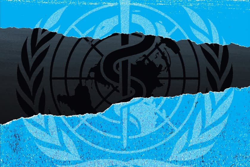 Photo illustration of the World Health Organization logo on a torn blue background with black background underneath.