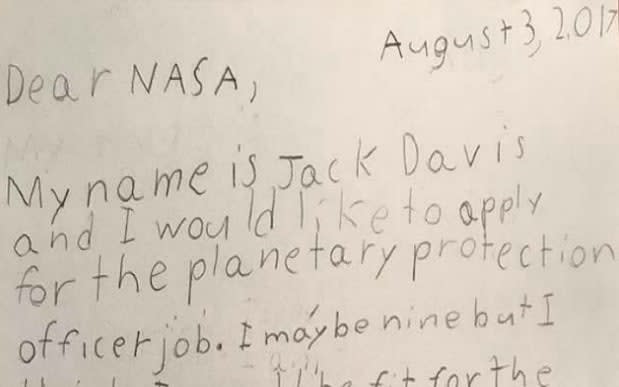 Jack Davis, 9, sent a letter to Nasa applying for a job  - Nasa 