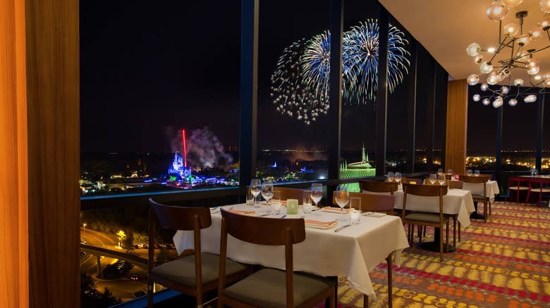 empty restaurant with fireworks view