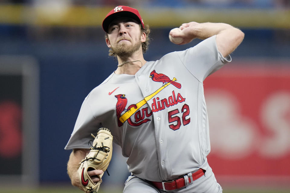 St. Louis Cardinals starting pitcher Matthew Liberatore (52) delivers to the Tampa Bay Rays during the first inning of a baseball game Thursday, Aug. 10, 2023, in St. Petersburg, Fla. (AP Photo/Chris O'Meara)