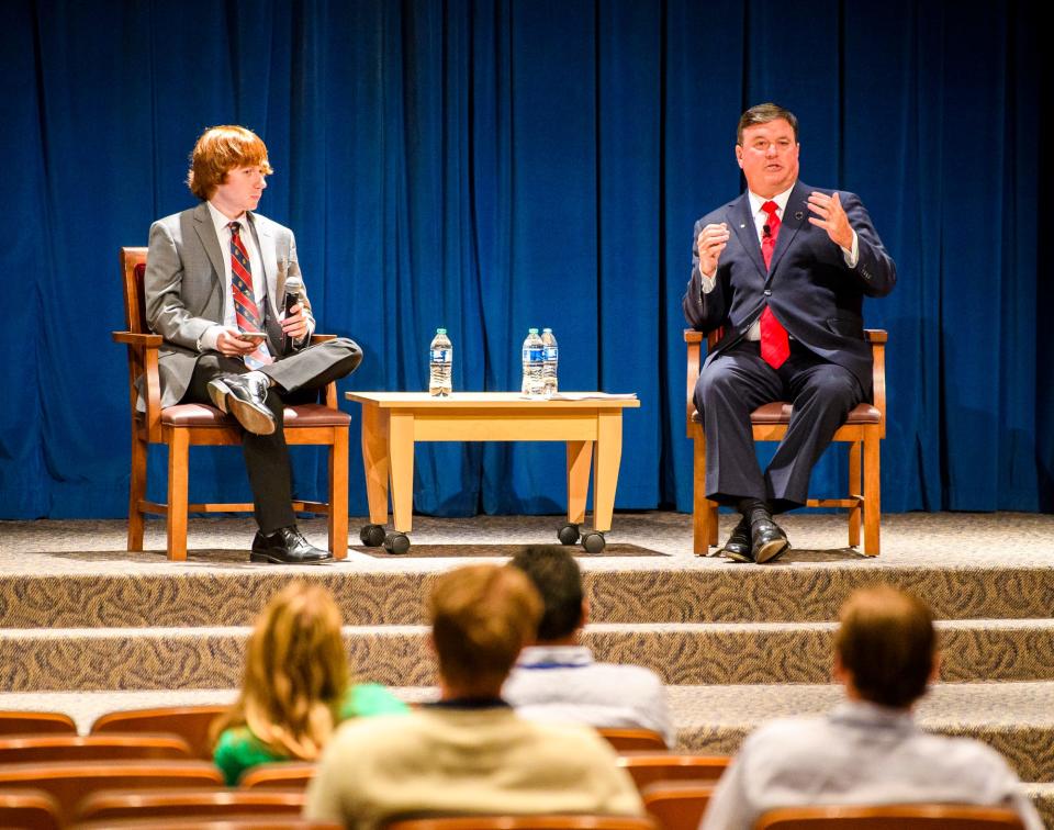 Indiana Attorney General Todd Rokita answers questions at the Whittenberger Auditorium at the IU Memorial Union on Friday, Sept. 23, 2022.