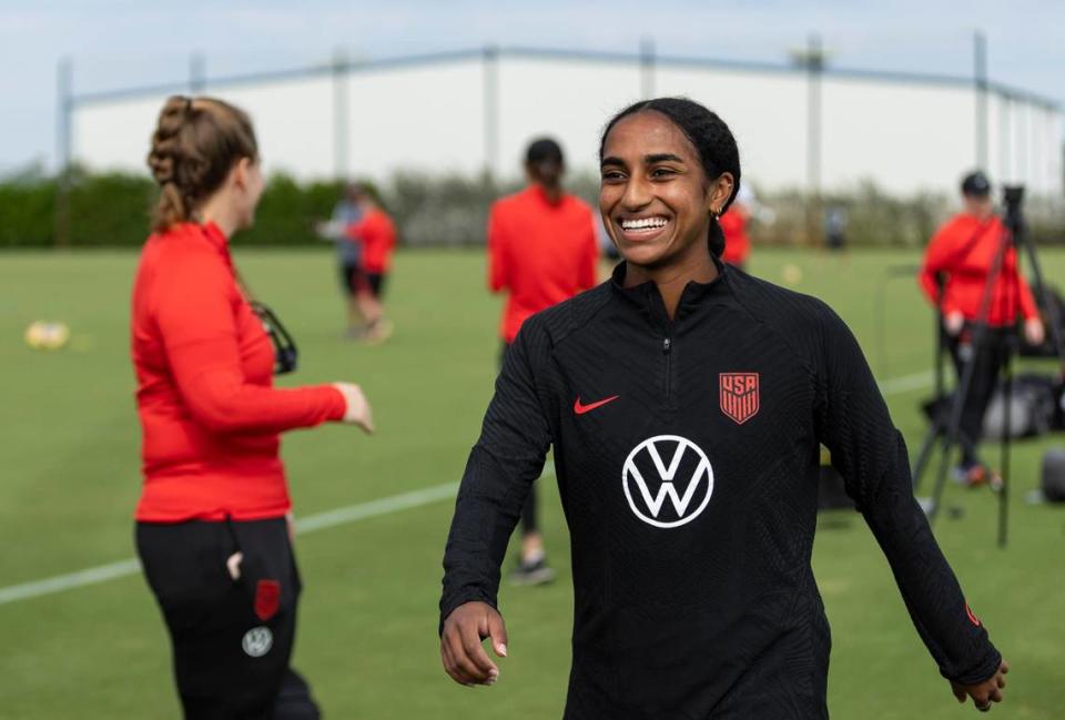 United States defender Naomi Girma (15) reacts during team practice at the Florida Blue Training Center on Tuesday, Nov. 28, 2023, in Fort Lauderdale, Fla.