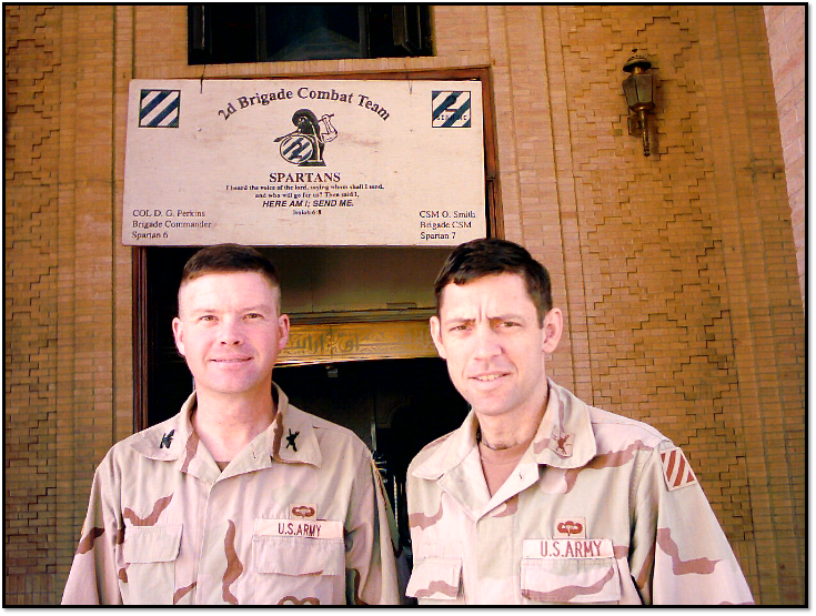 Photographed weeks after major fighting concluded, Col. David Perkins (left) and Lt. Col. Eric Wesley (right) were the top two officers from 2nd Brigade, 3rd Infantry Division during its 2003 invasion of Iraq and successful capture of downtown Baghdad during the Thunder Runs in April of that year. Perkins would later become a four-star general and retire after leading Army Training and Doctrine Command, and Wesley retired as a lieutenant general and deputy commander of Army Futures Command. (Courtesy of Eric Wesley)