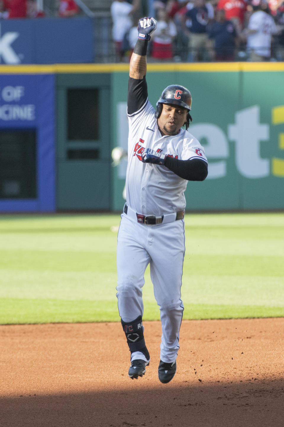 Cleveland Guardians' Jose Ramírez celebrates after hitting a two-run home run off Minnesota Twins starting pitcher Bailey Ober during the first inning of a baseball game in Cleveland, Saturday, May 18, 2024. (AP Photo/Phil Long)