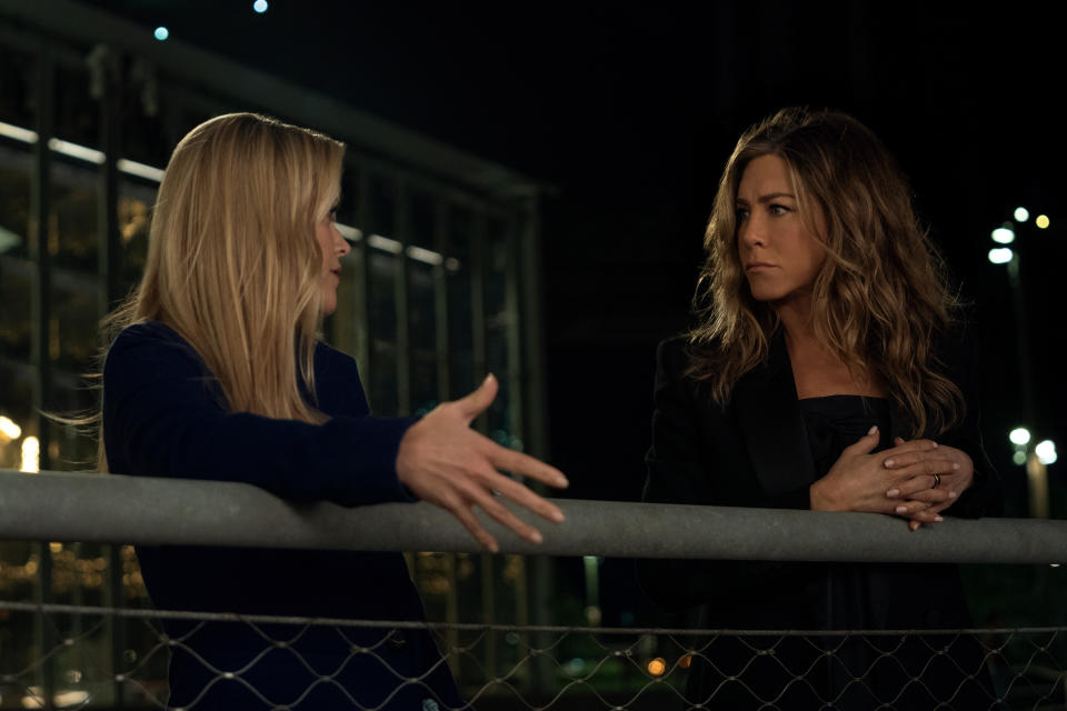 Reese Witherspoon and Jennifer Aniston are moving beyond catfighting in Season 3 of The Morning Show. (Courtesy Apple TV+)