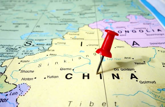 Pushpin on map of China