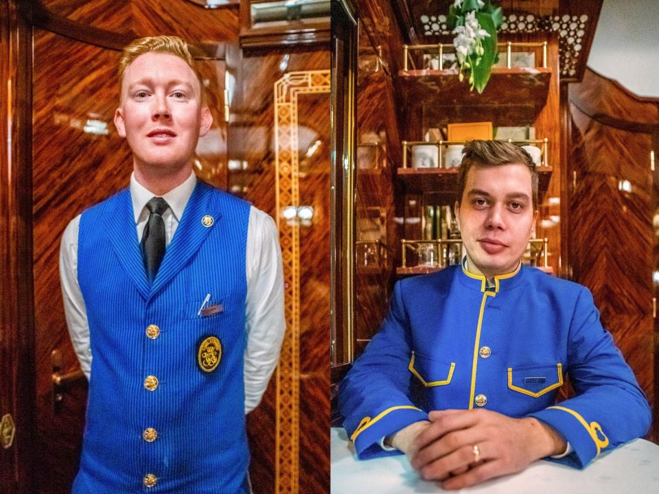 Two side-by-side images of train cabin stewards in blue uniforms in front of wooden, decorated walls