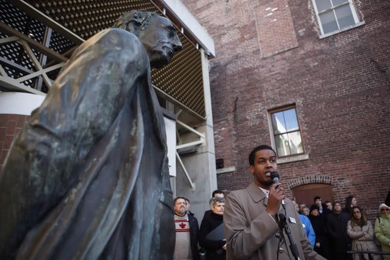 A statue of John A. Macdonald, which has since been removed, is seen outside Victoria’s City Hall. (The Canadian Press)