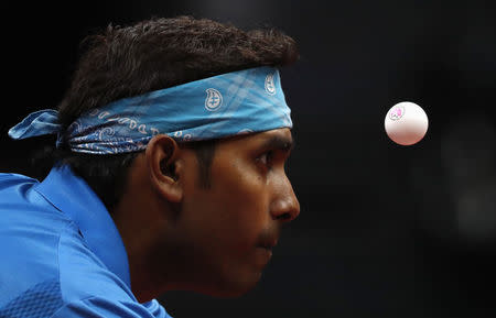 Table Tennis - Gold Coast 2018 Commonwealth Games - Mixed Doubles Semifinal 1 - Singapore v India - Oxenford Studios - Gold Coast, Australia - April 14, 2018. Sharath Achanta of India in action. REUTERS/Jeremy Lee