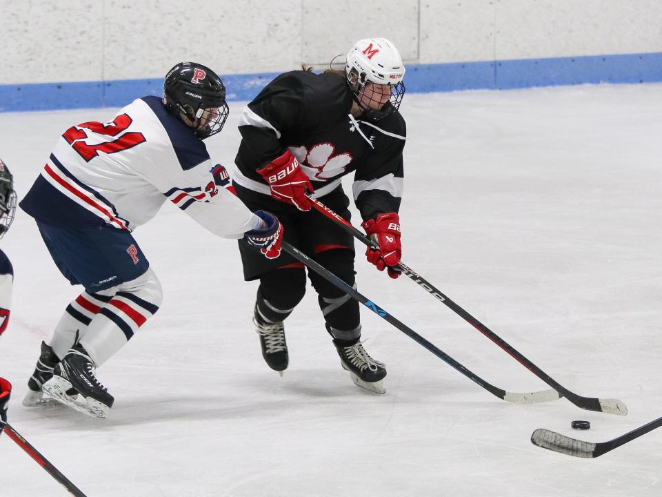 Milton's Molly Murphy handles the puck during a game against Pembroke in the Division 2 Sweet Sixteen at Hobomock Arena in Pembroke on Saturday, March 2, 2024.