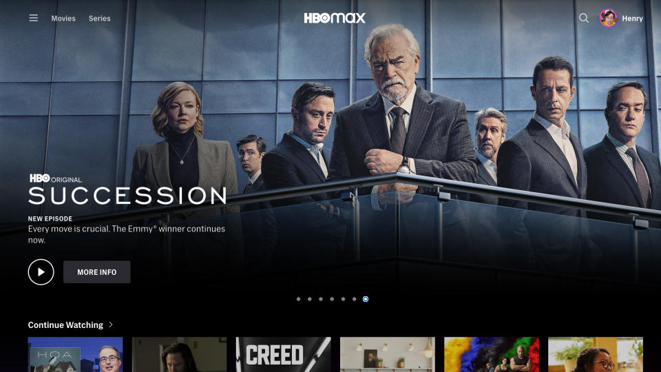 HBO Max home screen features Succession in its carousel