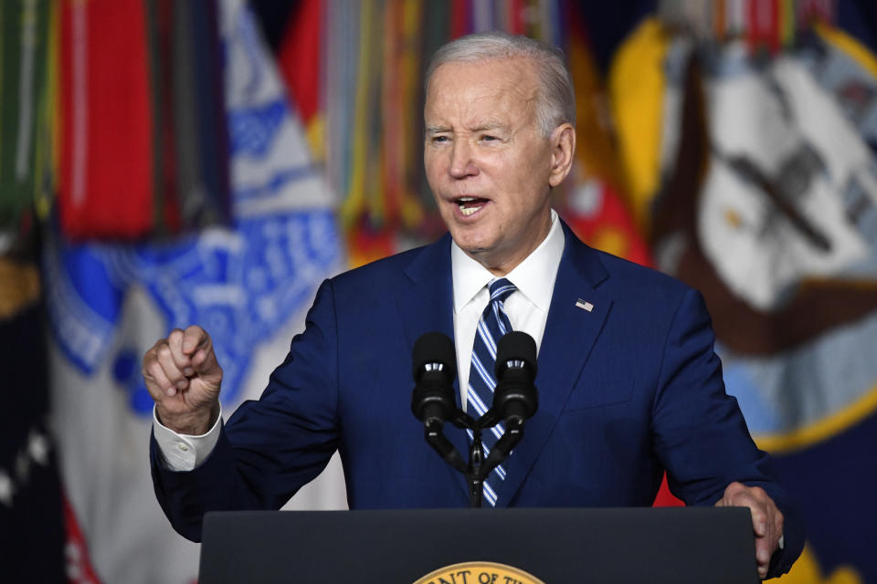 FILE - President Joe Biden speaks at the George E. Wahlen Department of Veterans Affairs Medical Center, Thursday, Aug. 10, 2023, in Salt Lake City. On Friday, Aug. 11, The Associated Press reported on stories circulating online incorrectly claiming a video shows Biden struggling to speak for a whole minute as he stumbles over his words in an interview with Nicolle Wallace on MSNBC. (AP Photo/Alex Goodlett, File)