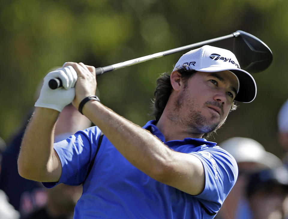 Brian Harman drives on the second tee in the final round of the Northern Trust Open golf tournament at Riviera Country Club in the Pacific Palisades area of Los Angeles, Sunday, Feb. 16, 2014. (AP Photo/Reed Saxon)