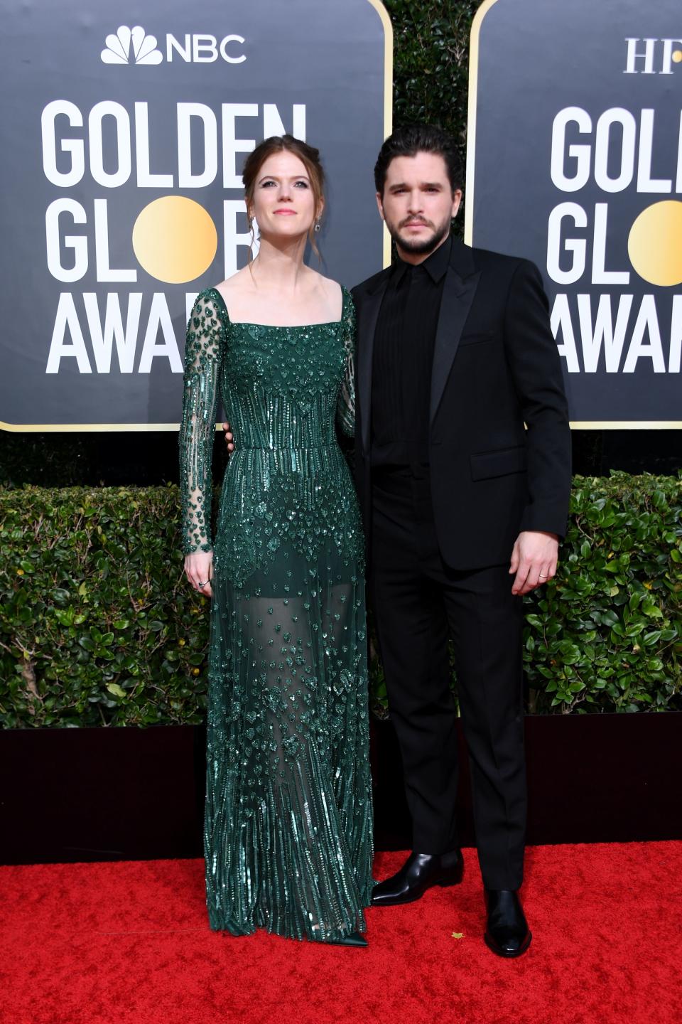 British actor Kit Harington (R) and wife actress Rose Leslie arrive for the 77th annual Golden Globe Awards on January 5, 2020, at The Beverly Hilton hotel in Beverly Hills, California. (Photo by VALERIE MACON / AFP) (Photo by VALERIE MACON/AFP via Getty Images)