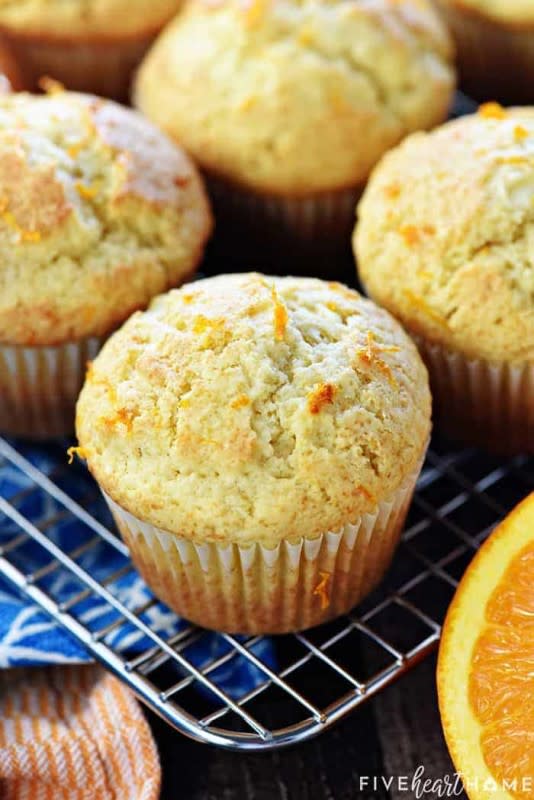 <p>These orange muffins are soft and tender but not too light, with a moist crumb. The fresh squeezed orange juice and orange zest lends them just the right amount of citrus flavor.</p><p><strong>Get the recipe: <a href="https://www.fivehearthome.com/orange-muffins/" rel="nofollow noopener" target="_blank" data-ylk="slk:Orange Muffins;elm:context_link;itc:0;sec:content-canvas" class="link rapid-noclick-resp"><em>Orange Muffins</em></a></strong></p>