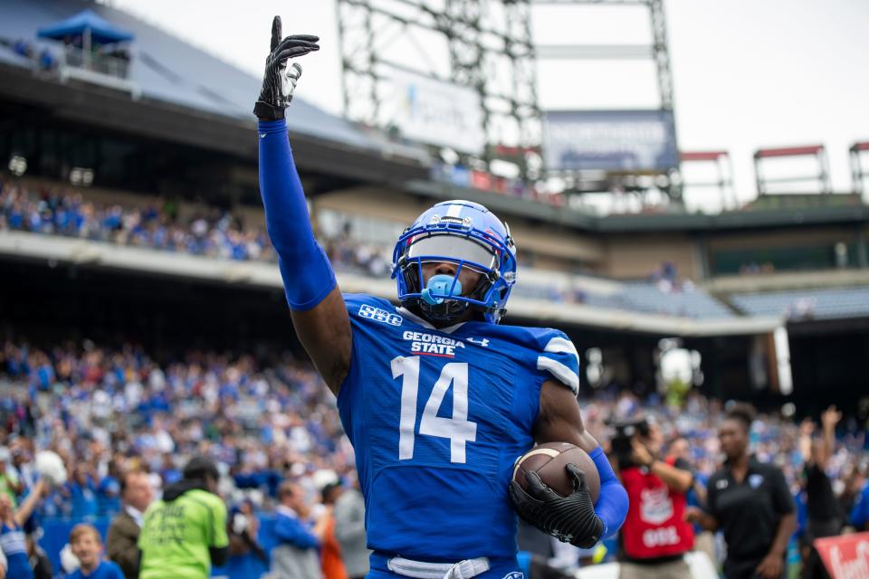 Georgia State wide receiver Robert Lewis reacts after touchdown in the second half of a game against North Carolina on Sept. 10, 2022, in Atlanta.