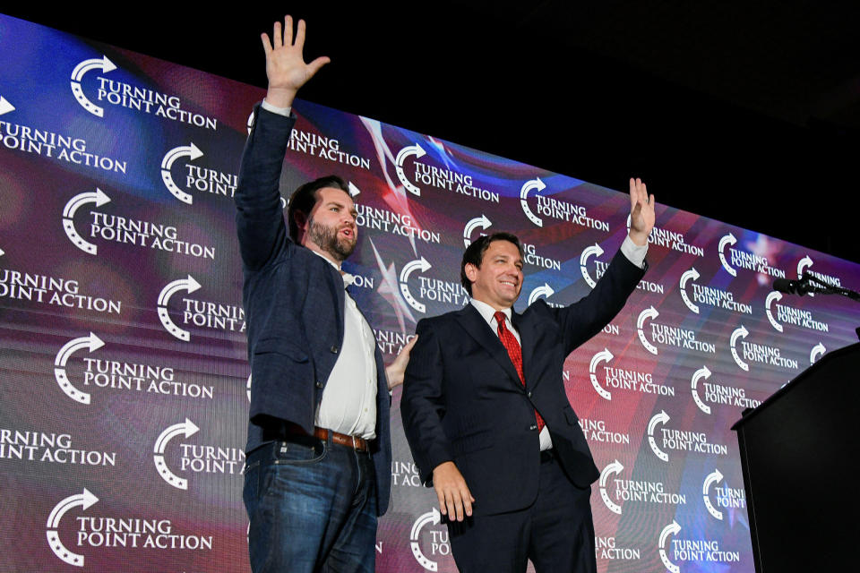 Ron DeSantis, campaigns for Republican Senate candidate J.D. Vance during in Youngstown, Ohio, in 2022. (Gaelen Morse / Reuters via  Alamy)