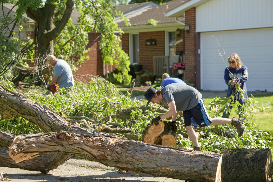 Powerful storms the night before left homes damaged and trees destroyed on Houghton Street, in Livonia, Mich., Thursday, June 6, 2024. (David Guralnick/Detroit News via AP)