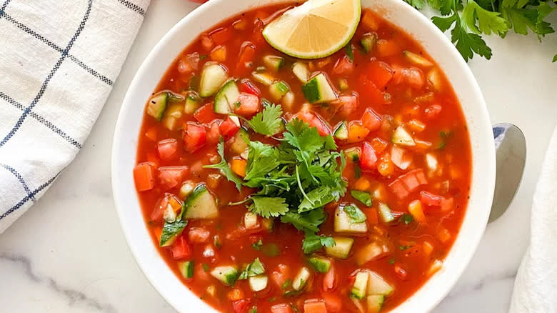 Mexican gazpacho in white bowl