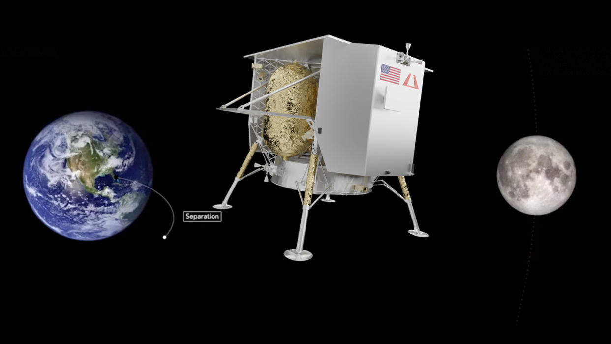  The earth, a cube-shaped spacecraft with four legs, and the moon. 