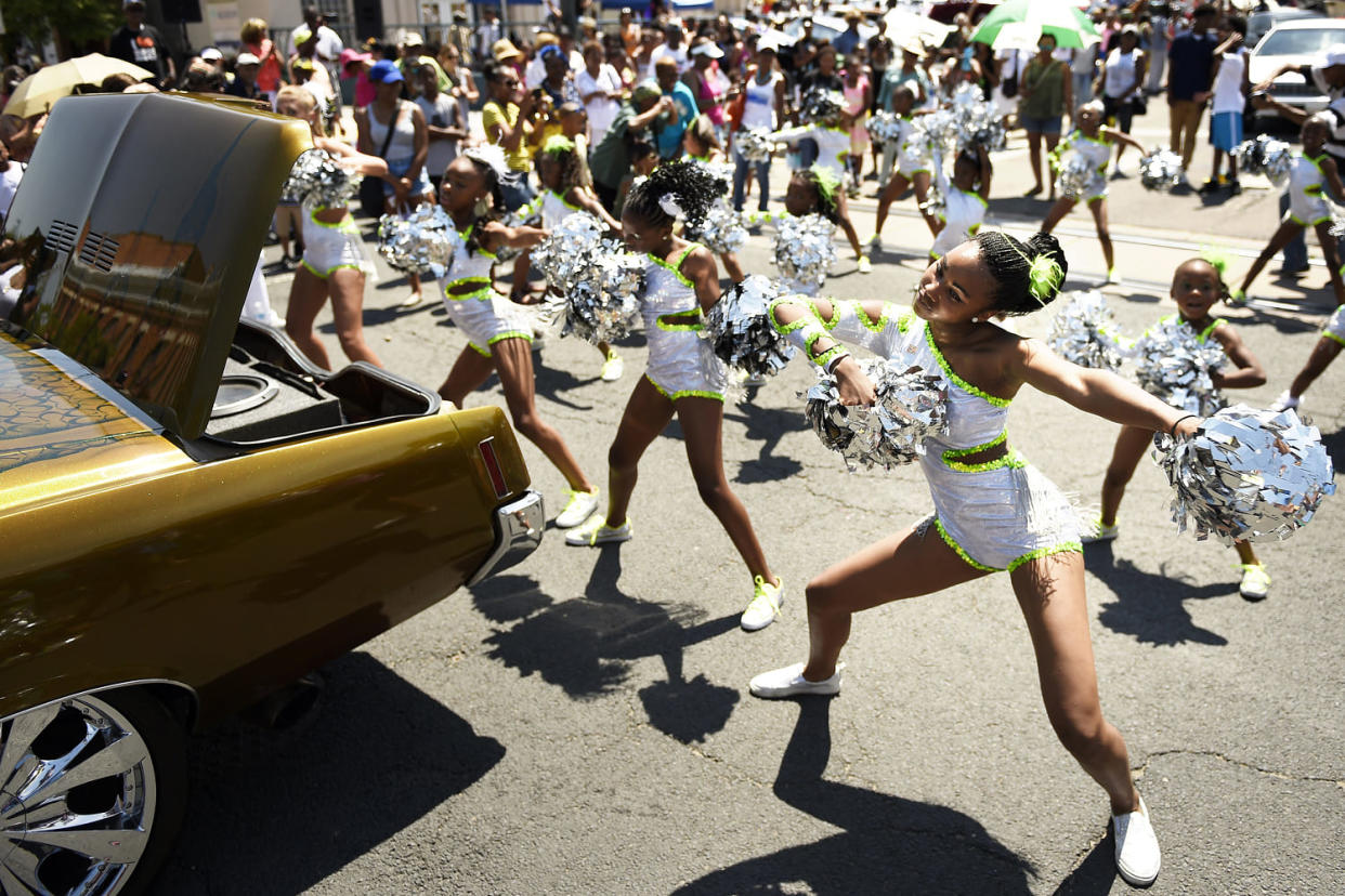Anaja Campbell (far right) and the Denver Dancing Diamonds preform at 27th in Historic Five Points during the Juneteenth Celebration parade that started at Manual High School commemorating the ending of slavery in the United States. June 20, 2015 Denver, CO ( (Joe Amon / Denver Post via Getty Images)