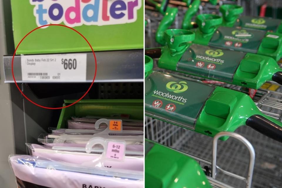 Side-by-side image. Left: Woolworths price tag on toddler product displaying 