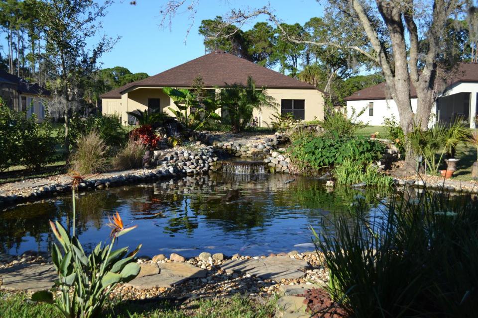 This undated photo provided by Kristen Alligood shows a pond designed by Sonny Alansky for the backyard of his home in Rockledge, Fla. It measures roughly 37 feet in diameter, has three waterfalls and 14 koi fish. Backyard ponds, which range from small and simple to meandering and ornate, can become a passion for many gardeners. (AP Photo/Kristen Alligood)