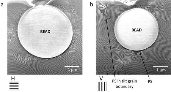 The impact of microscopic 'bullets' on nanocomposite material layers that were aligned either perpendicular (left image) or parallel (right image) to the projectile path.