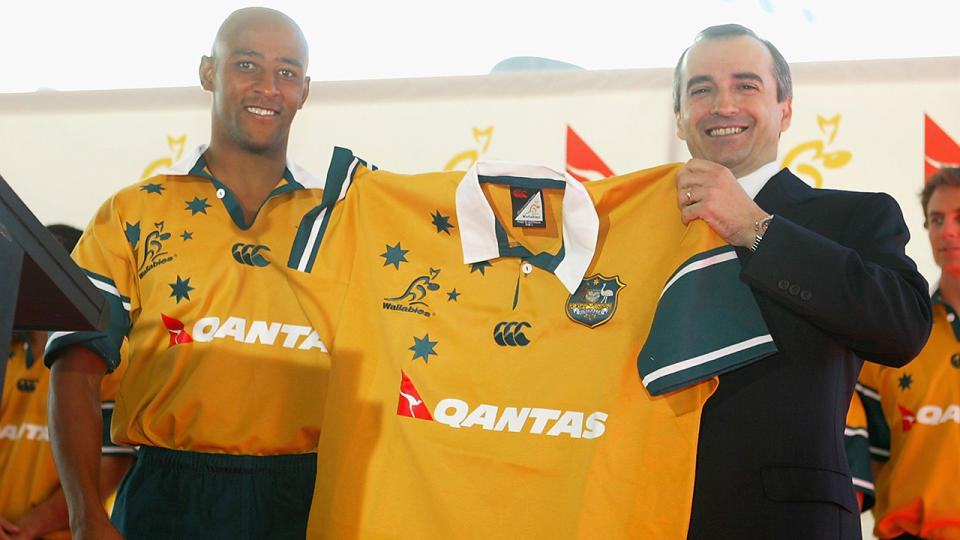 George Gregan and John Borghetti, pictured here during a press conference to announce Qantas as the new naming rights sponsor of the Wallabies in 2004. 