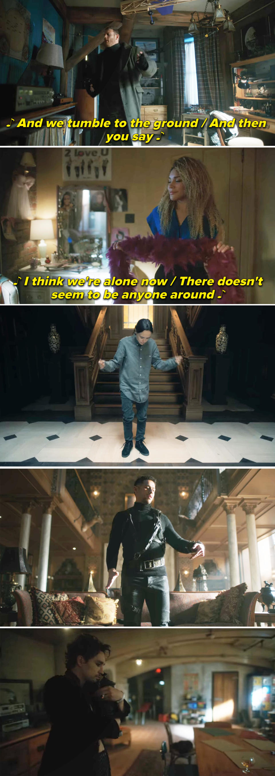 <div><p>"The 'I Think We’re Alone Now' dance sequence in <i>Umbrella Academy</i> happens immediately after all the siblings have reunited at the mansion and subsequently go into their own rooms. It's perfect."</p><p>—<a href="https://www.buzzfeed.com/thatsquidsquad" rel="nofollow noopener" target="_blank" data-ylk="slk:thatsquidsquad;elm:context_link;itc:0;sec:content-canvas" class="link ">thatsquidsquad</a></p></div><span> Netflix</span>