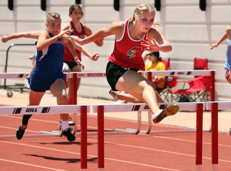 Crossings Christian's Savanna Meek wins the Class 3A hurdles on May 7, 2022, at the track championships at Western Heights High School.