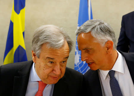 U.N. Secretary-General Antonio Guterres (L) listens to Swiss Foreign Minister Didier Burkhalter at the High-level Pledging Event for the Humanitarian Crisis, in Yemen at the United Nations, in Geneva, Switzerland April 25, 2017. REUTERS/Denis Balibouse