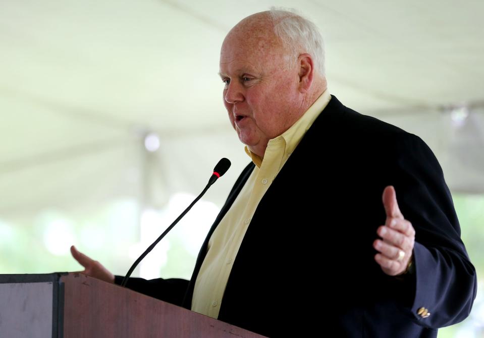 Pacers president Jim Morris speaks during the groundbreaking and capital campaign kick-off for the Finish Line Boys & Girls Club, on Wednesday, August 27, 2014, off of Post Road near 38th Street in Indianapolis.