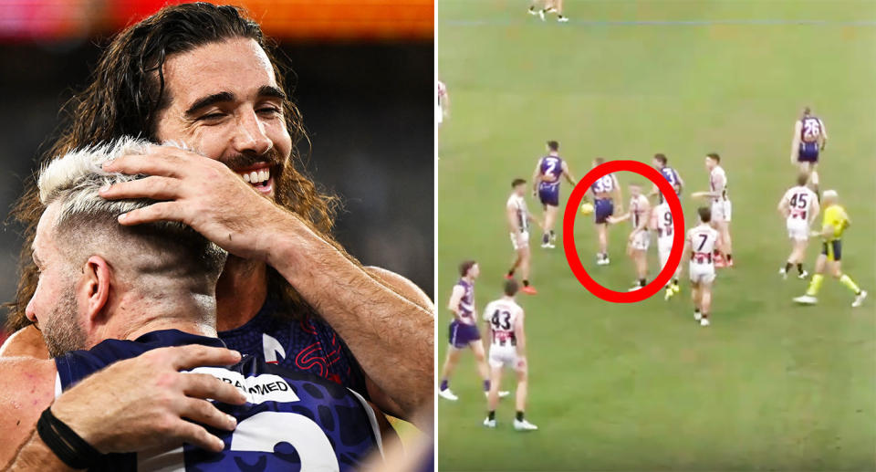 Fremantle stormed home to snatch a draw against Collingwood after a controversial free kick incident late in the final quarter of their AFL showdown. Pic: Getty/Fox Footy