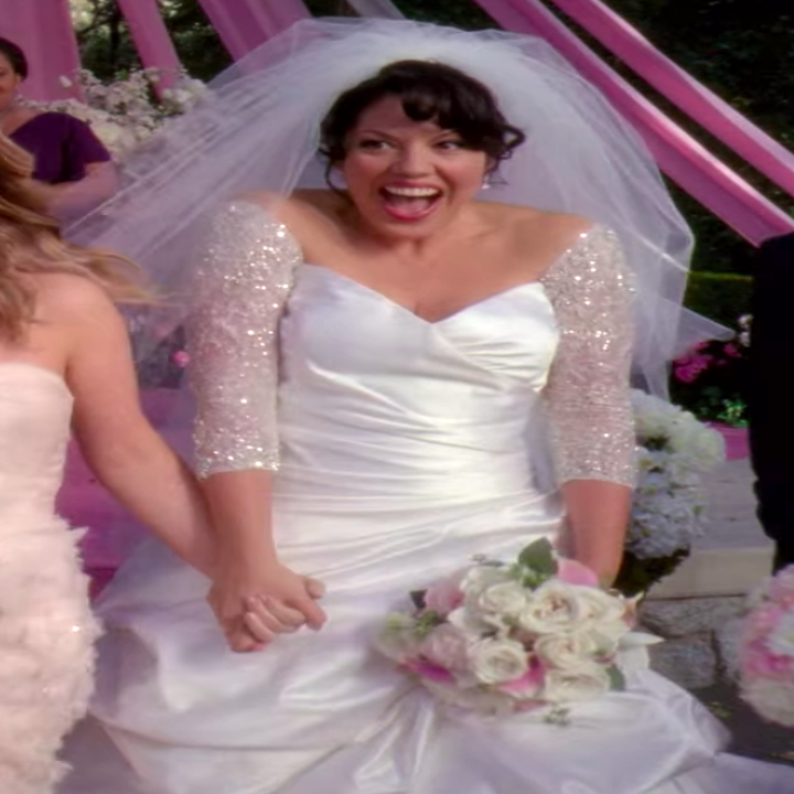 Callie wearing a dress with sparkly sleeves