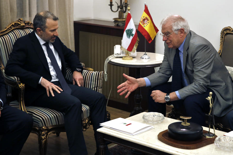Lebanese foreign minister Gebran Bassil, left, meets with his Spanish counterpart Josep Borrell, at the Lebanese foreign ministry in Beirut, Lebanon, Friday, May 3, 2019. Spain's acting foreign minister says a Venezuelan anti-government activist is a guest at the Spanish embassy in Caracas which can't be turned into a center of political activities. (AP Photo/Bilal Hussein)