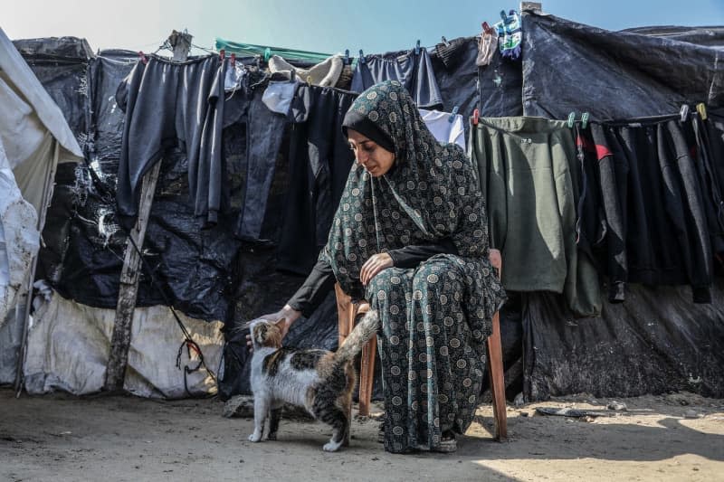 A displaced Palestinian woman pets a cat outside of a tent. Abed Rahim Khatib/dpa