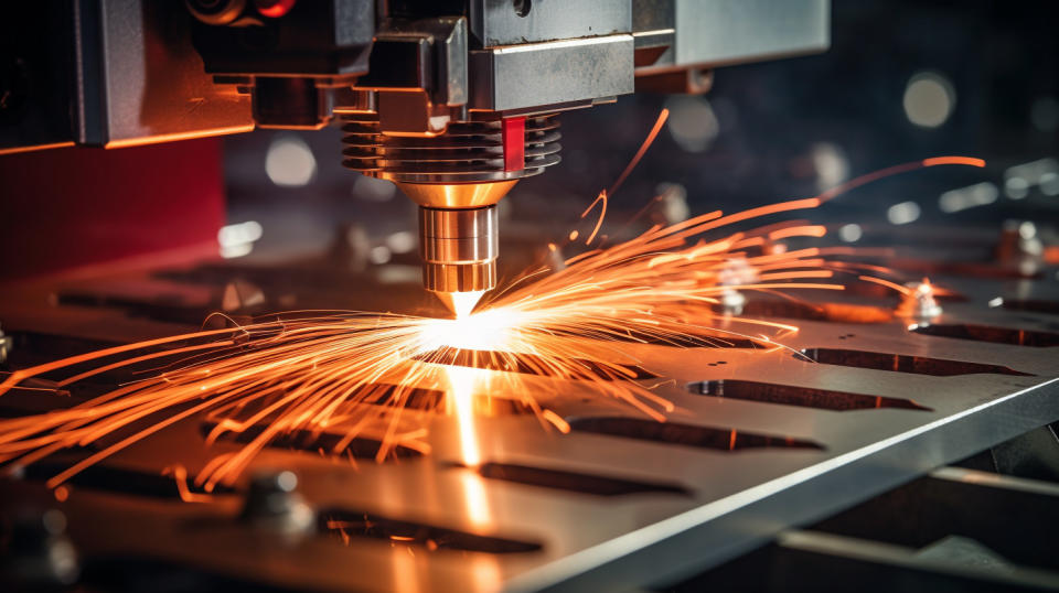 A closeup of a CO2 laser cutting through a piece of metal, demonstrating precision motion.